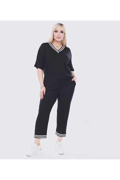 garajmood V-Neck Stripe Detailed Black Tights and Blouse - Plus Size Set