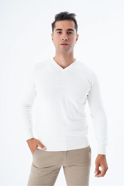 Trist Star Men's Ecru 100% Cotton V-Neck Knitwear Sweater Trist-1102