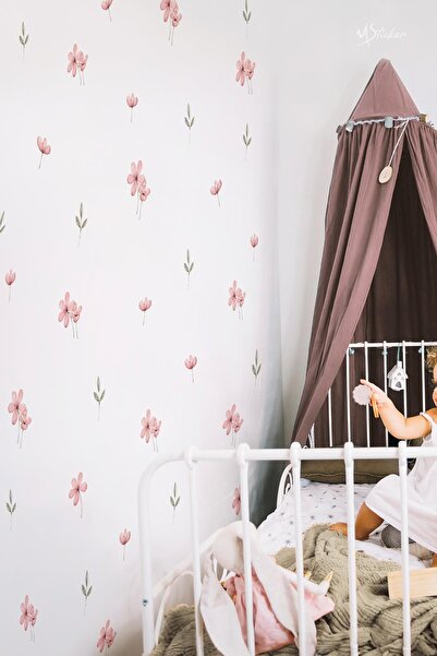 MSticker Pembe Çayır ve Kır Çiçekleri Yapraklar Sticker Seti, Çocuk Bebek Odası Çiçek Sticker Seti