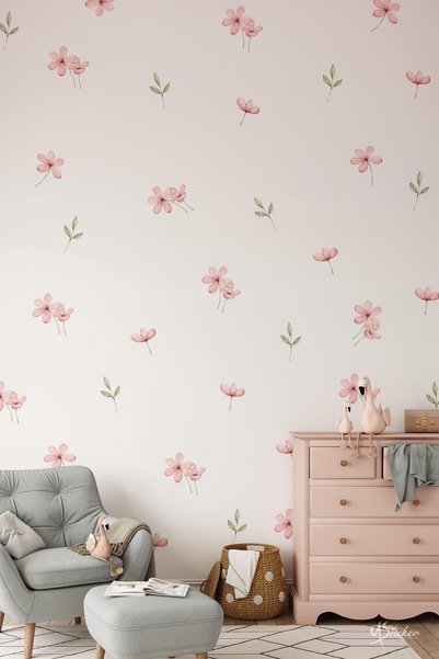 MSticker Pembe Çayır ve Kır Çiçekleri Yapraklar Sticker Seti, Çocuk Bebek Odası Çiçek Sticker Seti