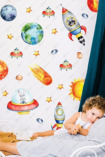 MSticker مجموعة ملصقات لغرفة الأطفال بتصميم أرنب في سفينة الفضاء