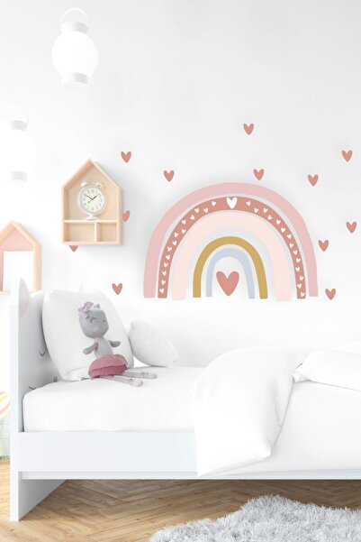 MSticker Pastel Tonlarda Gökkuşağı Ve Kalpler Çocuk Odası Duvar Sticker