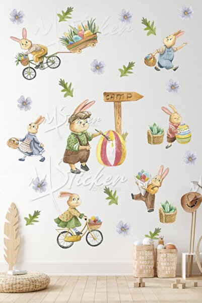 MSticker Набір наклейок «Мила сімейка кроликів», веселі кролики, дерева та квіти, дитяча кімната, наклейки