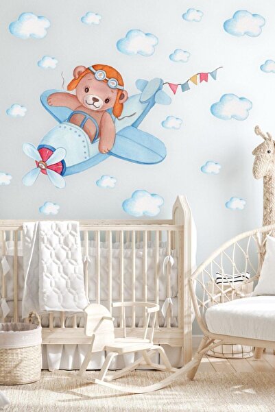 MSticker Uçakta Uçan Sevimli Ayıcık Ve Bulutlar Çocuk Bebek Odası Sticker Seti