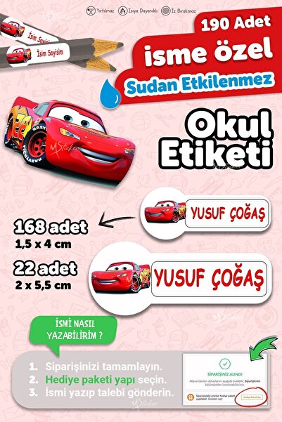 MSticker Okul Etiketi Kalem Defter Etiketi Özel Isim Yazılabilen Etiket Cars ...