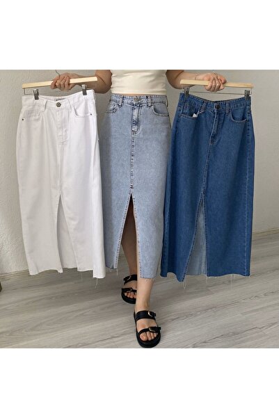 BANA STORE ÖNDEN YIRTMAÇLI UCU KESİK MAVİ KOT ETEK