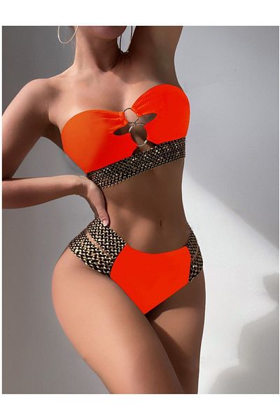 sayina Orange Strapless Double Ring and Elastic High Waist Women's Bikini Set - Lined