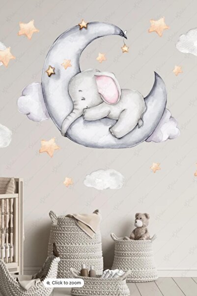 MSticker Ayda Uyuyan Fil Bulut Ve Yıldızlar Sticker Seti, Çocuk Bebek Odası D...