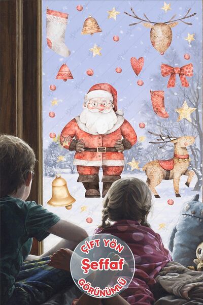 MSticker Yılbaşı Noel Babalı Cam Duvar Süsü, Yeni Yıl Geyik Yıldızlar Ve Santa Claus Sticker Seti