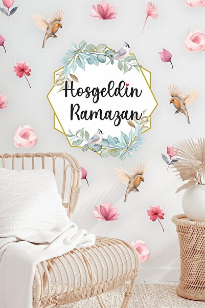 MSticker Ramazan Temalı Çiçekli ve Kuşlu Hoşgeldin Ramazan Cam Duvar Sticker ...