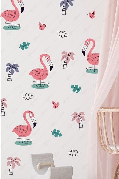Flamingo Themed Soft Colors Kids Nursery Glass Wall Sticker Set