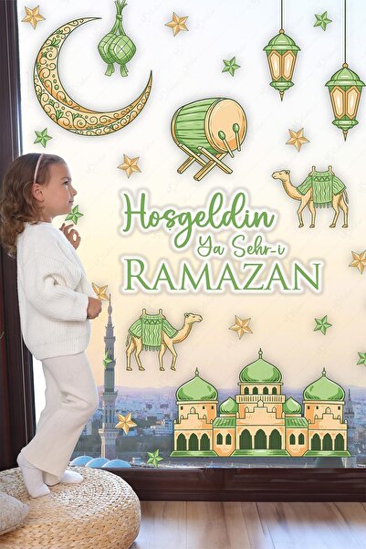 MSticker Hoşgeldin Ya Şehr-i Ramazan Yeşil Tonlarda Cami Hilal Develerden olu...