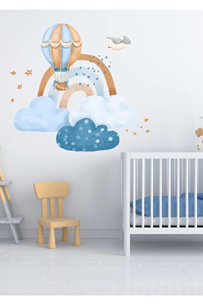 MSticker ملصق غرفة أطفال لطيف بألوان قوس قزح والبالون الطائر باللون الأزرق