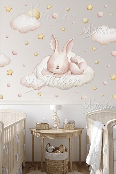 MSticker Милий кролик, що занурився в мрії Хмари, зірки та крапочки Дитяча кі...