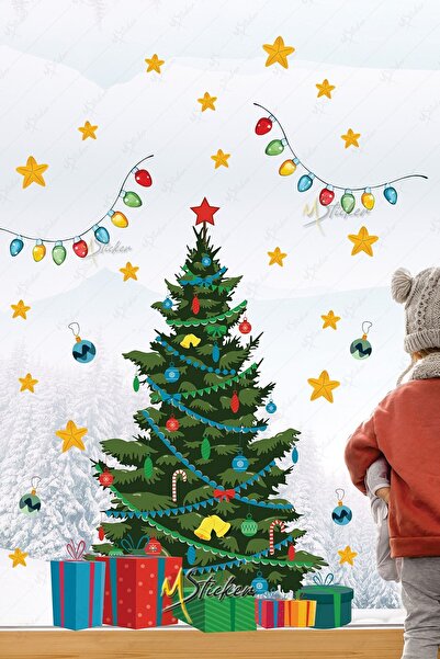 MSticker Christmas Tree and Decorations Sticker Set, Christmas New Year Decorated Pine Tree and Decorations Sticker Set