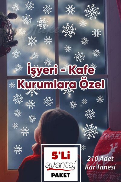 MSticker Kar Taneleri Sticker Seti 5 Li Paket 210 ADET - Tüm Yüzeyler Yeni Yıl Kar Taneleri İş yeri Süsleme