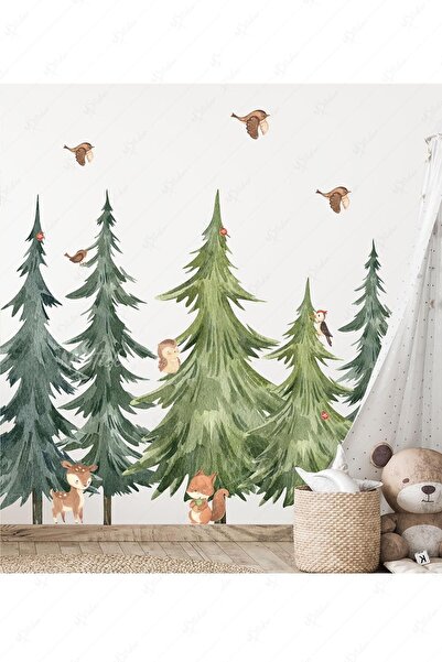 MSticker Suluboya Desenli Çam Ağaçları Ve Hayvanlar Duvar Cam Sticker Seti - Çocuk Bebek Odası Çam Ağaçları
