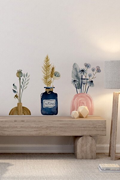 MSticker Bohem Saksıda Çiçekler Sticker Seti - Pastel Renkli Çiçekler Cam Duvar Sticker Seti