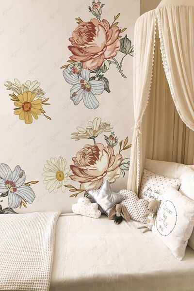 MSticker Vintage Soft Kahve Tonlarında Çiçekler Çocuk Odası Sticker Seti