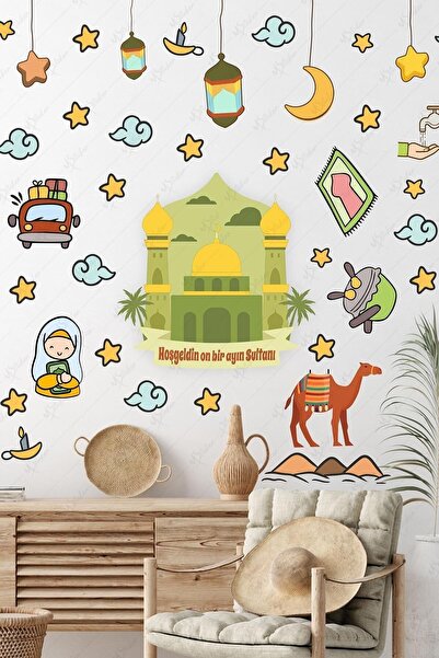 MSticker مجموعة ملصقات ترحيب رمضان مع دب رمضان وشخصيات إسلامية، ملصقات غرفة ا...