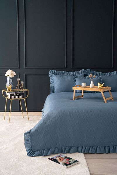 Odamoda INDİGO Eva Double Pique Bed Cover Set - Cotton Frilly Coverlet, Stylish Box and Package