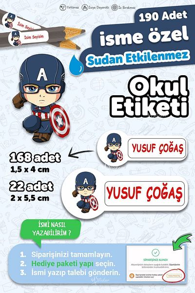MSticker ملصق مدرسي لقلم دفتر ملاحظات مخصص للكتابة بالاسم 190 قطعة - كابتن