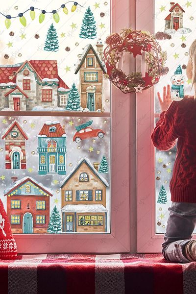 MSticker New Year's Snowy City Large Size New Year's Kids Baby Room Sticker Set - Christmas Ornament