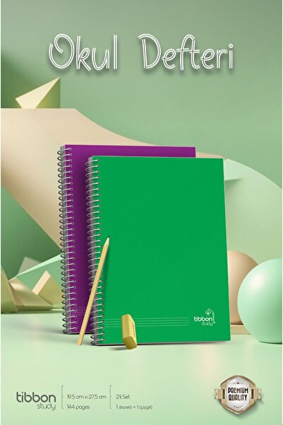 Tibbon Study Defter Spiralli 2'li Set Kareli+Çizgili