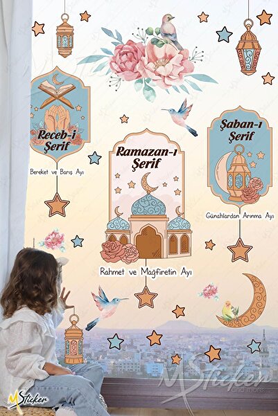MSticker Ramazan Ayı ve 3 Aylar Temalı Dekoratif Duvar Cam Sticker Seti Hoşgeldin Ramazan, Recep Şaban Ayı