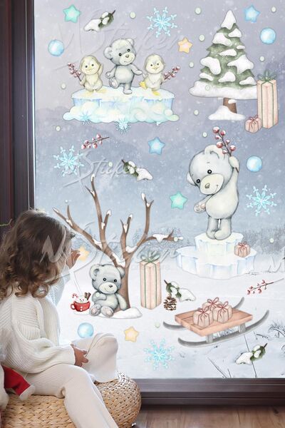 MSticker Sevimli Ayıcık ve Arkadaşları Kış Konseptli Yeni Yıl Yılbaşı Sticker...