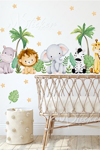 MSticker Safari Hayvanları Ve Palmiye Ağaçları Çocuk Bebek Odası Duvar Cam Sticker Seti