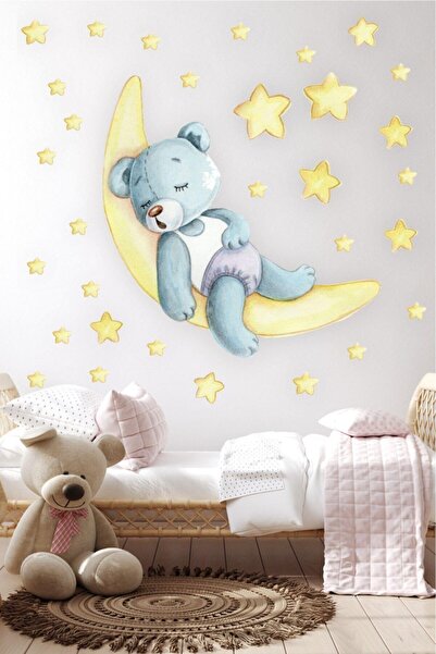 MSticker Sleepy Bear Sleeping on the Moon and Yellow Stars Children's Room St...