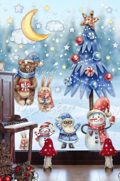 MSticker Yeni Yıl Ağacı Kardan Adamlar Puantiye ve Yıldızlar Cam Duvar Yılbaş...