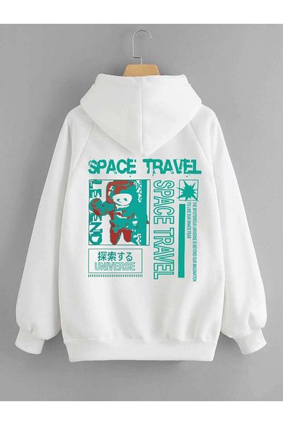 DEEPSENCE Unisex Sweatshirt Hooded SpaceTravel Back Printed White
