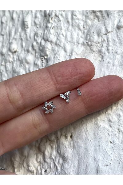 ds denizden silver Gümüş Baget Taşlı Minimal Küpe Seti - 3’lü
