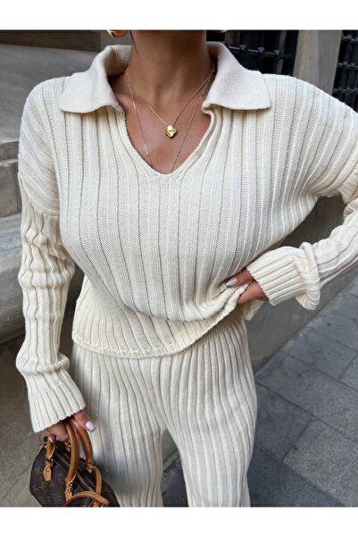 LB Laluna Butik Women's Polo Neck Sweater and High Waist Palazzo Pants Knitwear Set