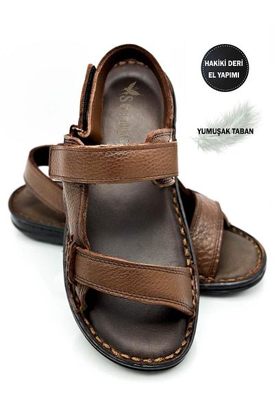 Moda Lalin Ανδρικά σανδάλια Velcro από γνήσιο δέρμα σε καφέ σύριγγα
