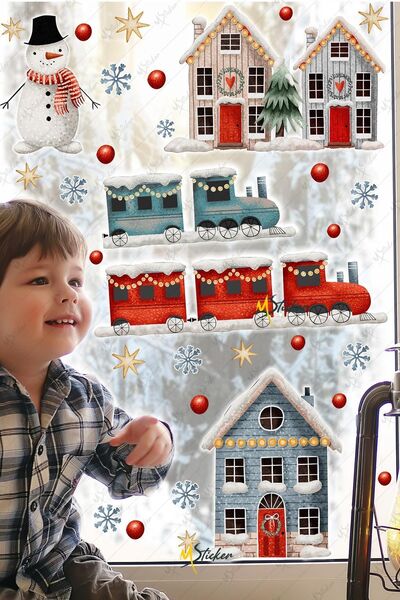 MSticker Yılbaşı Kış Masalı, Karlı Şehir Kar Masalı Cam Duvar Sticker Seti, Yılbaşı Süsü Karlı Şehir