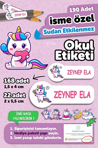 MSticker Okul Etiketi Kalem Defter isimli Etiket Isim Yazılabilen Sevimli Uni...
