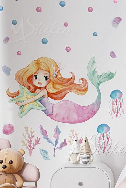 MSticker Deniz Kızı Temalı Soft Renklerde Çocuk Odası Duvar Sticker Seti - Su...