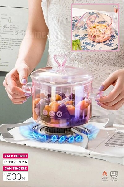 Madamev وعاء زجاجي من البورسليكات الحراري سعة 1500 سم مكعب مع مقبض علوي على شكل قلب وردي - مقاوم للحرارة