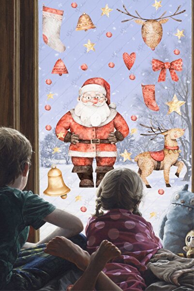 MSticker Yılbaşı Noel Babalı Cam Duvar Süsü, Yeni Yıl Geyik Yıldızlar Ve Sant...
