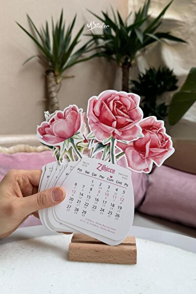 MSticker Hicri Takvim Güncel Ahşap Ayaklı Gül Figürlü 12 Yaprak Özel Tasarım Takvim 2025 Haziran - 2026 Mayıs