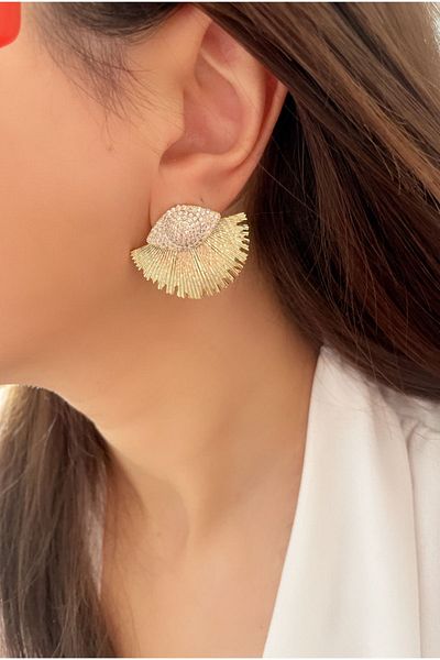 SİSTORİZE Your Luxury Premium Fan Model - Zircon Stone Eye Detail, Steel Earrings - Gold