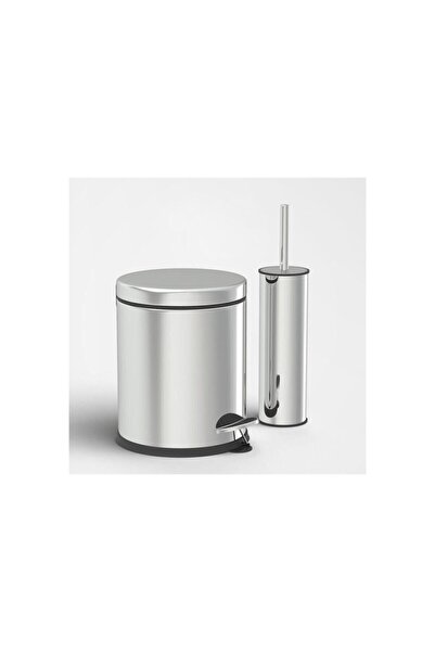 GörSeç 3 Litre Paslanmaz 2'li Banyo Seti Pedallı Çöp Kovası Wc Klozet Tuvalet Fırça Seti Banyo Çöp Kovası