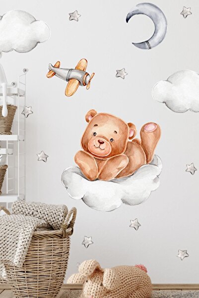 MSticker Хмари, милий ведмедик і зірки Набір наклейок для дитячої кімнати Нак...