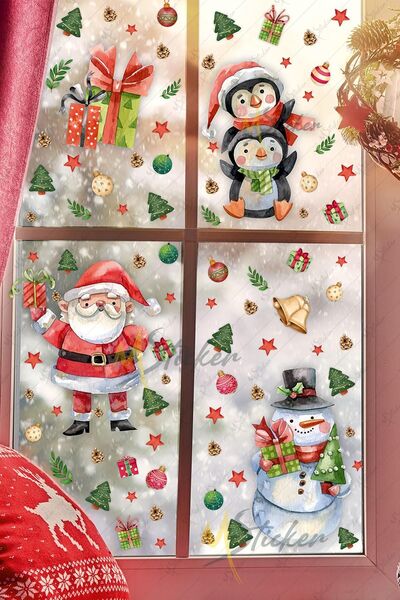 MSticker Set de autocolante cu figurine drăguțe de Anul Nou, set de autocolante pentru ornamente de Anul Nou, om de zăpadă și ornamente de iarnă