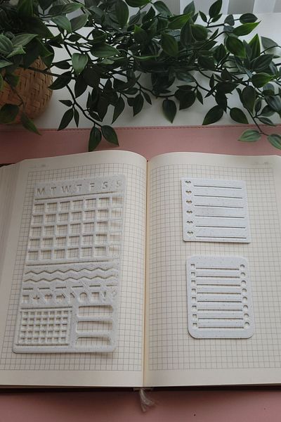 Karmelom Studio Bullet Journal 3-Piece Planner and Square Memo Pad Stencil Set - White