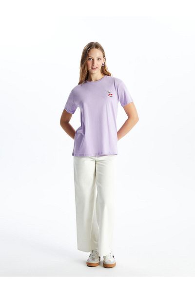 LC Waikiki Tricou cu decolteu rotund cu broderie roz XSIDE pentru femei - mânecă scurtă
