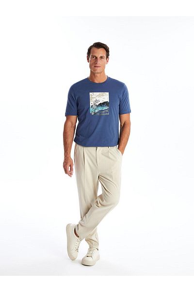 LC Waikiki LCWAIKIKI - Tricou clasic Indigo pentru bărbați, cu decolteu, cu mânecă scurtă, imprimat, bumbac pieptănat